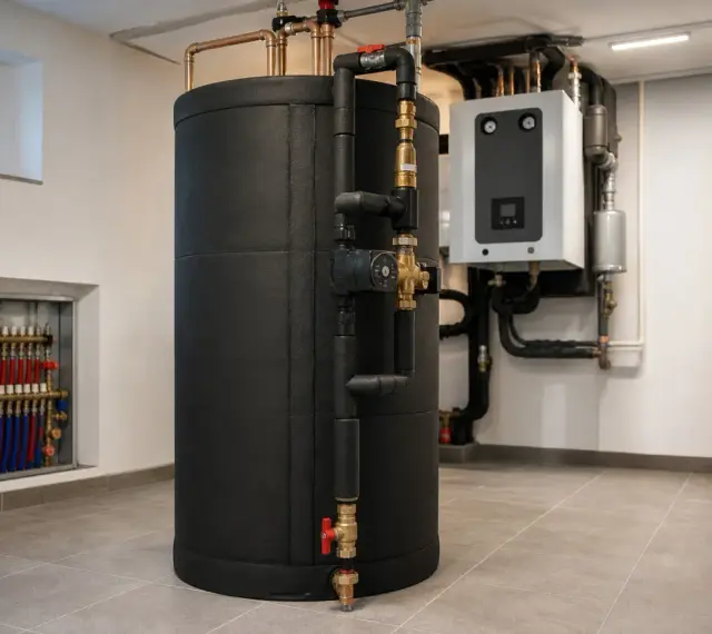 Duży, czarny bufor ciepła w kotłowni, obok białego zasobnika i kotła. Widać instalację hydrauliczną.