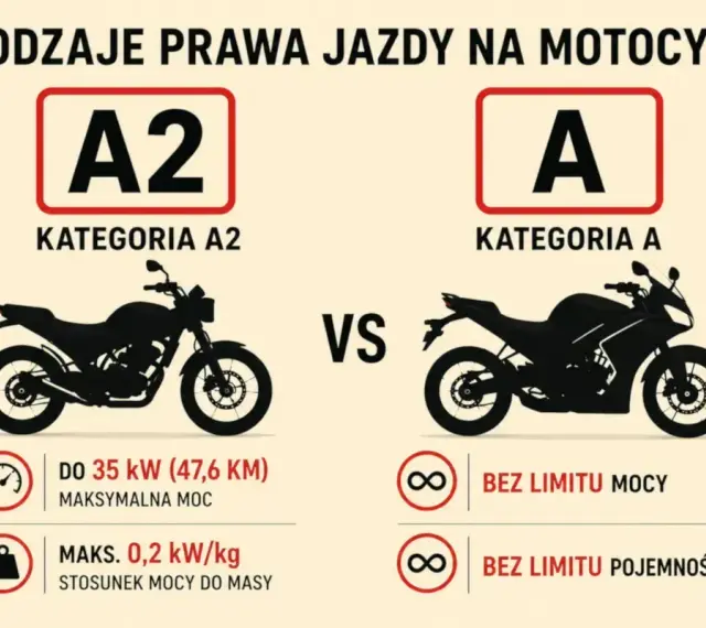 Porównanie kategorii A2 i A prawa jazdy na motocykl. A2 to motocykle do 35 kW, A to bez limitu mocy i pojemności.