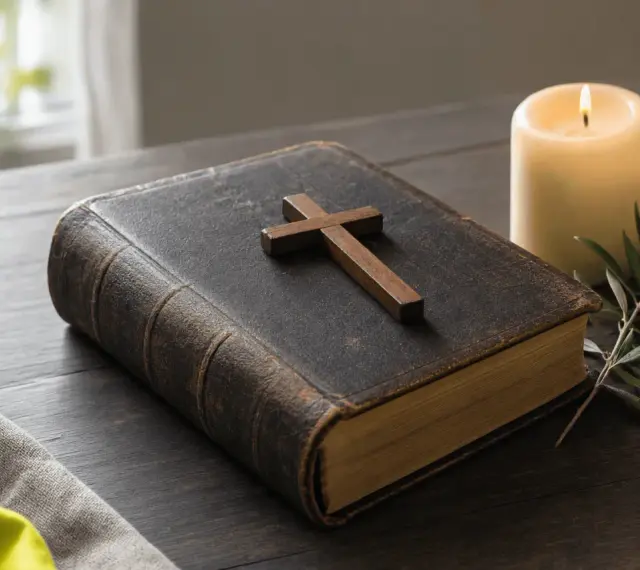 Stara biblia z krzyżem i płonącą świecą, symbol przygotowań do matury z wiedzy duchowej.