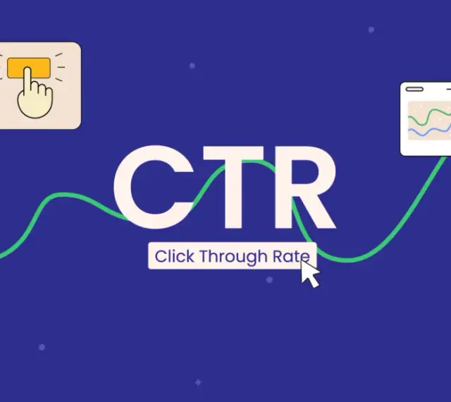 Grafika wyjaśnia, czym jest CTR (Click Through Rate). Widzimy ikonki przycisku, oka, wykresu i tortowego, a także napis "Click Through Rate".