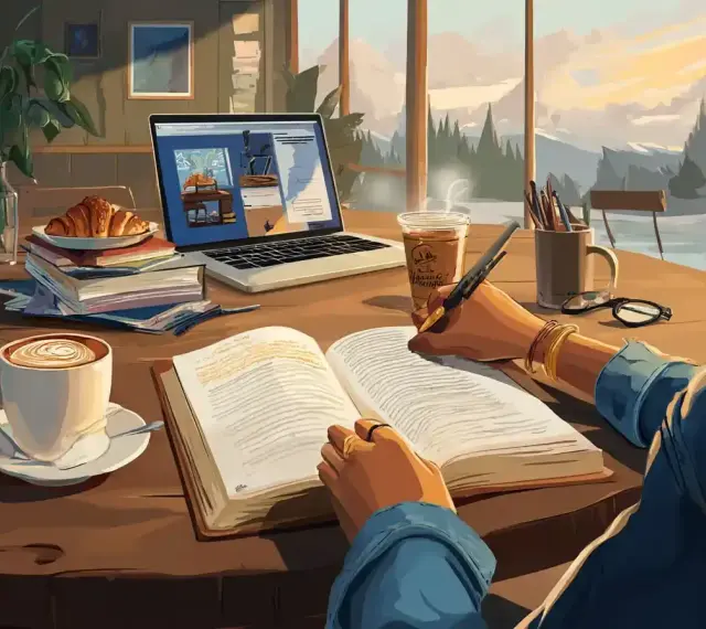 Polish: Osoba pisze w książce przy kawie i laptopie, z widokiem na góry.
French: Une personne écrit dans un livre avec du café et un ordinateur portable, avec vue sur les montagnes.