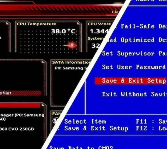 Ekran startowy BIOS-u pokazuje temperaturę CPU 38°C i opcje takie jak "Save & Exit Setup".