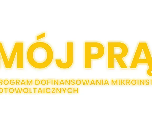 Logo programu "Mój prąd" z symbolem słońca i hasłem "Program dofinansowania mikroinstalacji fotowoltaicznych".