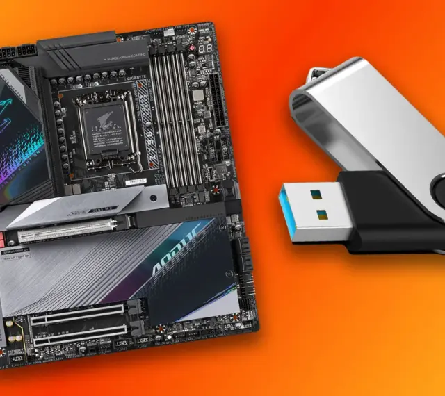 Płyta główna AORUS i pendrive gotowe do aktualizacji BIOS.