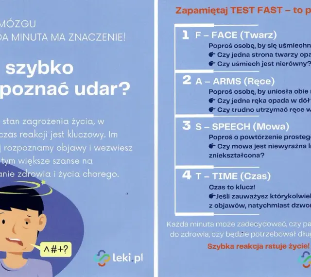 Ilustracja przedstawia mężczyznę z objawami udaru: opadającą stroną twarzy i niewyraźną mową. Obok znajduje się instrukcja TEST FAST, która pomaga rozpoznać wylew.