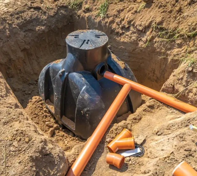 Instalacja szamba w wykopie, przygotowanie do zasypania. Widać rury drenażowe i akcesoria, kluczowe dla prawidłowego montażu i pytania jak głęboko zakopać rury drenażowe.