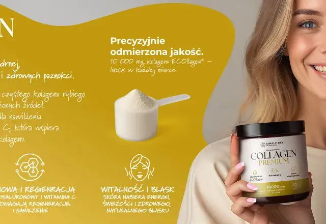 Uśmiechnięta kobieta z produktem Collagen Premium. Kolagen rybi efekty: gładka skóra, mocne włosy, zdrowe paznokcie.