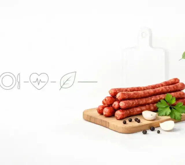 Stos kabanosów na desce, obok czosnku i pieprzu. Czy kabanosy są zdrowe? Ikony talerza, serca i liścia sugerują rozważania o diecie.