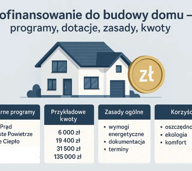 Dofinansowanie do budowy domu: programy, dotacje, zasady, kwoty. Ilustracja domu z monetą zł. Popularne programy, przykładowe kwoty, zasady i korzyści.