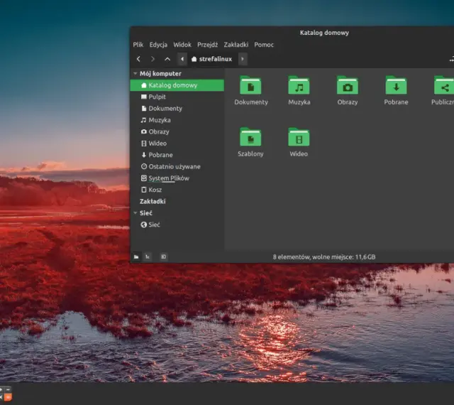 Linux na stary komputer ożywia system. Widok katalogu domowego z ikonami plików i folderów.