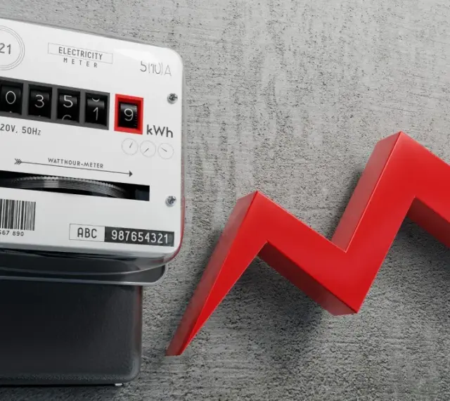 Licznik energii elektrycznej i czerwona strzałka w górę symbolizują, dlaczego koszt doprowadzenia prądu do działki wzrósł o 20 procent w 2026 roku.