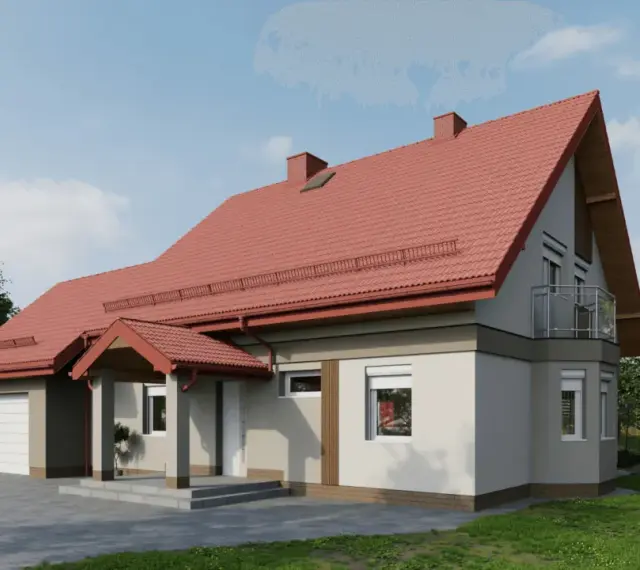 Nowoczesny projekt elewacji domu z czerwonym dachem, garażem i balkonem.