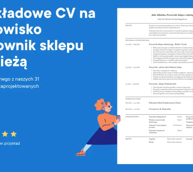CV pracownika sklepu odzieżowego z profilem, historią zatrudnienia i umiejętnościami.