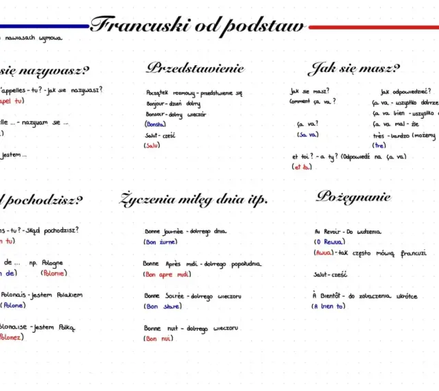 Zeszyt do samodzielnej nauki francuskiego: zwroty powitalne, pytania o imię, pochodzenie, samopoczucie i pożegnania.