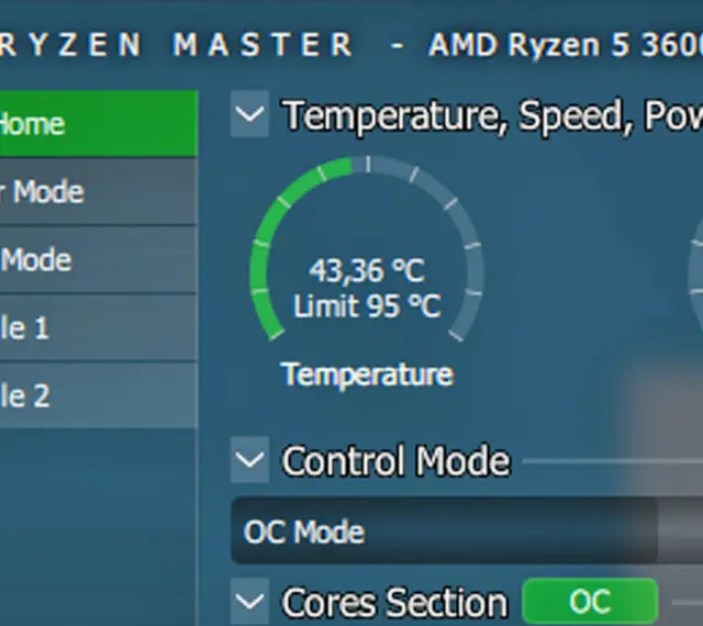 Jak sprawdzić temperaturę CPU? Aplikacja Ryzen Master pokazuje aktualną temperaturę procesora AMD Ryzen 5 3600, która wynosi 43,36°C.