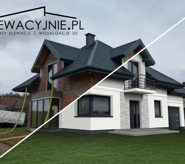 Projekt elewacji domu w budowie i wizualizacja jego wykończenia.