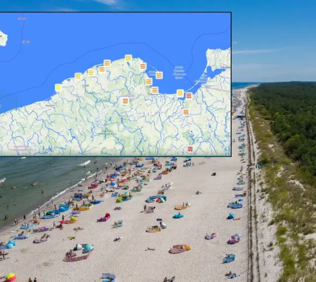 Mapa pokazuje, gdzie najcieplej nad morzem. Widać plażę pełną ludzi i parawanów.