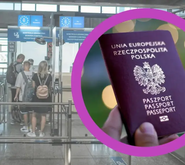 Paszport UE w dłoni, a w tle kolejka do kontroli granicznej. Czy do Wielkiej Brytanii trzeba mieć paszport? Sprawdź zasady wjazdu.