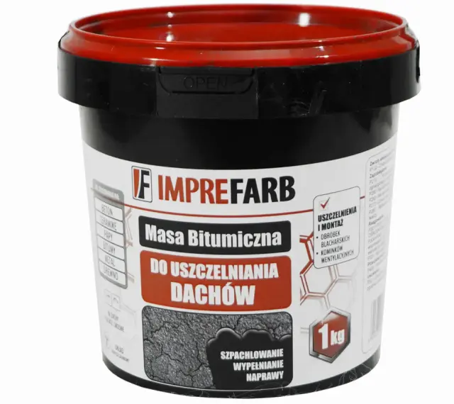 Czarny kubełek z czerwoną pokrywką zawiera masę bitumiczną do uszczelniania dachów. Produkt o wadze 1 kg, idealny do napraw i wypełniania ubytków.