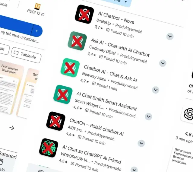 Szukaj aplikacji ChatGPT w sklepie. Widzisz oficjalną aplikację OpenAI i inne podobne.