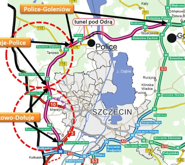Mapa zachodniej obwodnicy Szczecina z zaznaczonym tunelem pod Odrą, drogami S3, S6, A6 i innymi trasami.