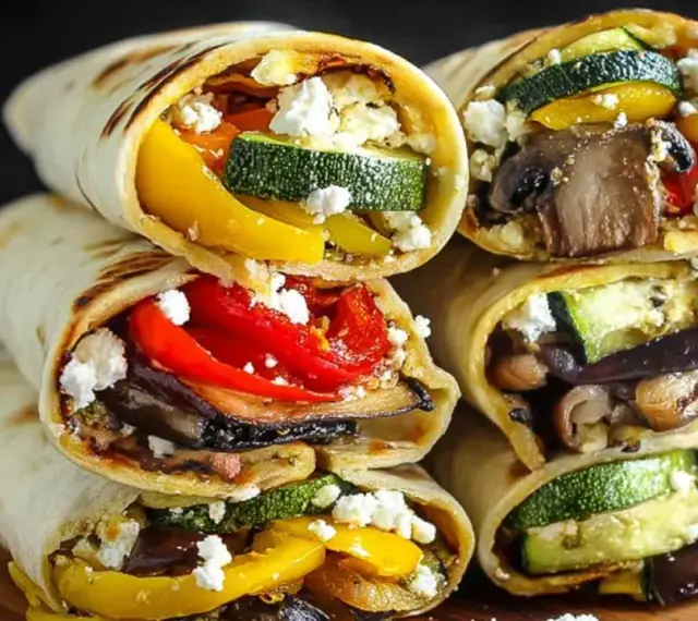 Pyszna tortilla z airfryer wypełniona grillowanymi warzywami: cukinią, papryką, bakłażanem i grzybami, posypana fetą.