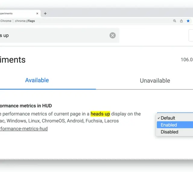 Strona chrome://flags z wyszukaniem "heads up". Opcja "Show performance metrics in HUD" jest włączona.