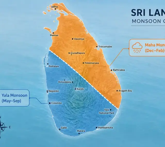 Mapa Sri Lanki z podziałem na monsuny. Planujesz sri lanka wakacje? Sprawdź, kiedy jest najlepszy czas na zwiedzanie!