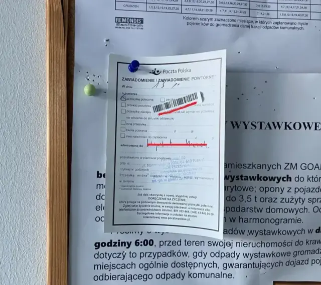 Awizo Poczty Polskiej: przesyłka polecona awizo, z informacją o odbiorze. Zawiadomienie o odpadach wystawkowych.