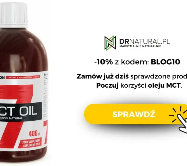 Butelka oleju MCT 100% naturalnego. Sprawdź korzyści i uniknij potencjalnych skutków ubocznych oleju MCT. Zniżka -10% z kodem BLOG10.
