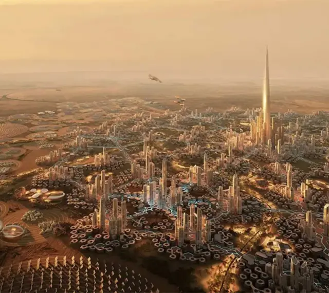 Futurystyczne miasto z dominującą, lśniącą rise tower. Latające pojazdy i okrągłe struktury na pustynnym krajobrazie.