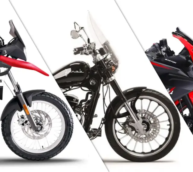 Trzy motocykle: czerwony turystyczny Malaguti, czarny chopper i sportowy czerwono-czarny Barton. Idealne na kategorię B prawa jazdy.