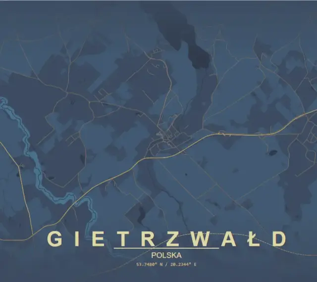 Mapa pokazuje, gdzie leży Gietrzwałd w Polsce. Widoczna jest rzeka i sieć dróg.