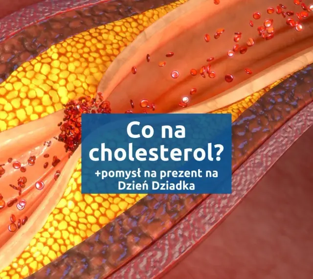 Przekrój naczynia krwionośnego z widocznym złogiem miażdżycowym i czerwonymi krwinkami. Napis: "Co na cholesterol? +pomysł na prezent na Dzień Dziadka".