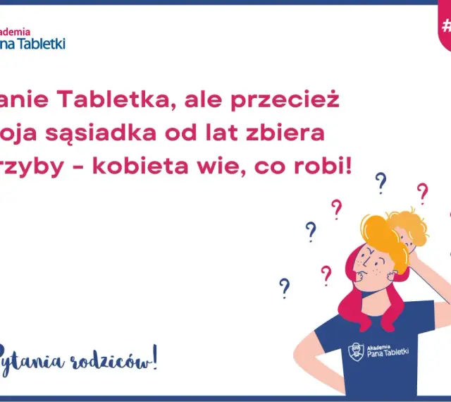 Rodzice zastanawiają się, od ilu lat dzieci mogą jeść grzyby. Ilustracja przedstawia zamyśloną osobę z dzieckiem na ramionach, otoczoną znakami zapytania.