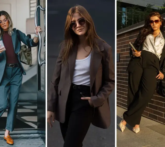 Trzy kobiety prezentują stylowe stylizacje do pracy na luzie: garnitur w szarości, brązowa marynarka z czarnymi spodniami i elegancki zestaw z satynową koszulą.