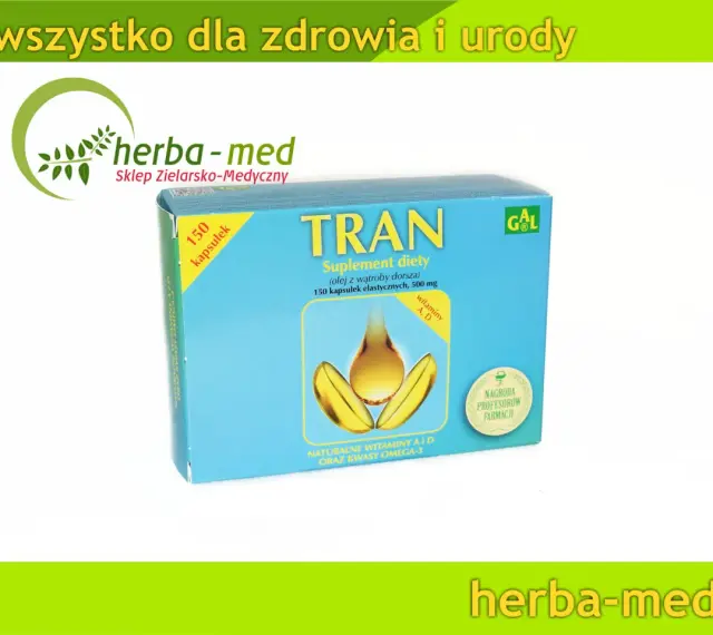 Pudełko suplementu diety Tran z olejem z wątroby dorsza, witaminami A, D i kwasami omega-3.