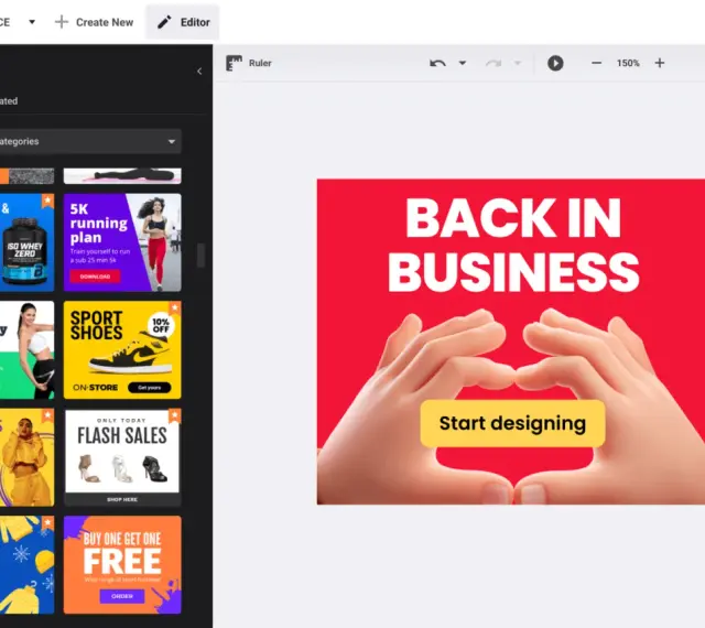 Tworzenie banera HTML z szablonami: "BACK IN BUSINESS" i "Start designing".