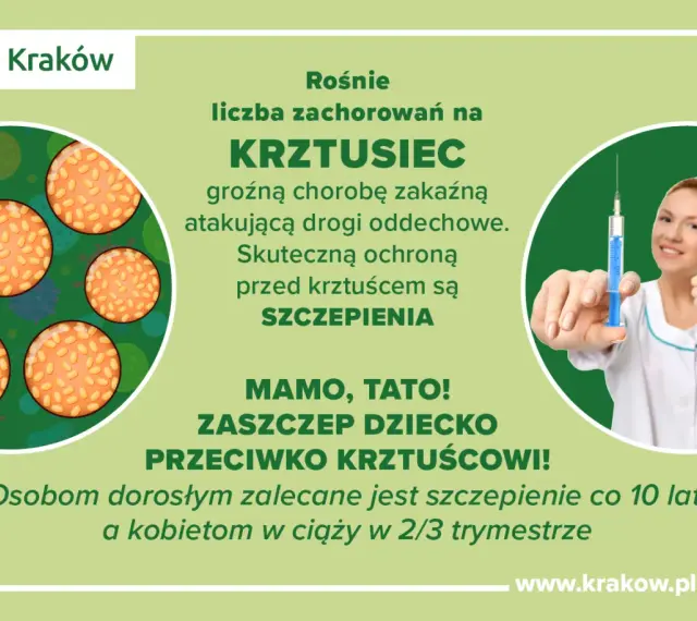 Grafika informuje o wzroście zachorowań na krztusiec. Zaleca szczepienia jako skuteczną ochronę. Pielęgniarka z uśmiechem pokazuje strzykawkę.