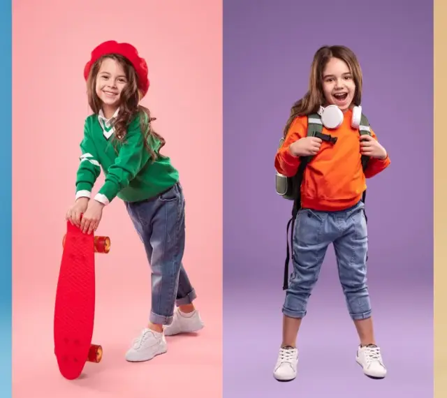 Cztery dziewczynki w modnych stylizacjach. Jedna w żółtym sweterku, druga z deskorolką, trzecia z plecakiem, czwarta w kurtce. Zaniżona rozmiarówka? Nie tutaj!
