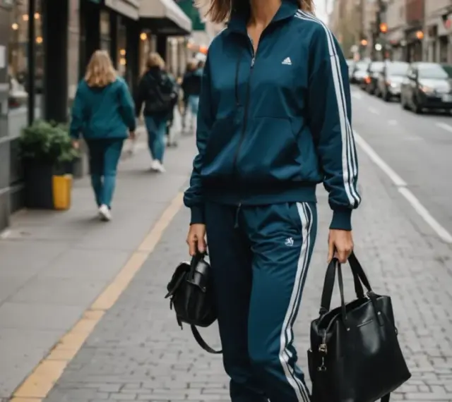 Kobieta w granatowym dresie z białymi paskami na nogawkach i rękawach, trzymająca dwie czarne torby. Stylowo pokazuje, jak nosić dresy na co dzień.