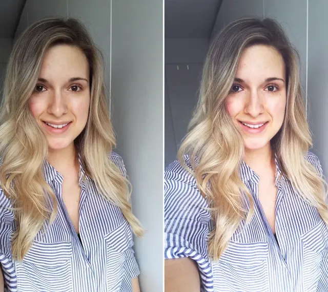 Uśmiechnięta blondynka w paski, pokazująca jak zrobić idealne selfie. Dwa ujęcia tej samej dziewczyny, lekko różniące się kątem.