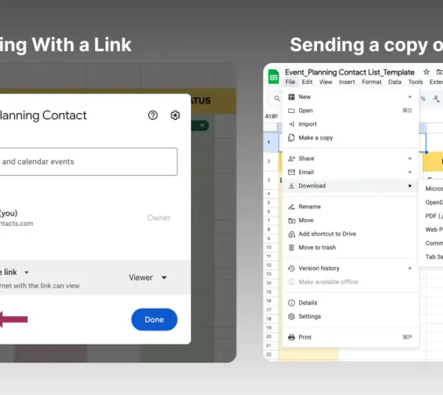 Udostępnianie arkusza kalkulacyjnego google excel przez link lub wysyłanie kopii.