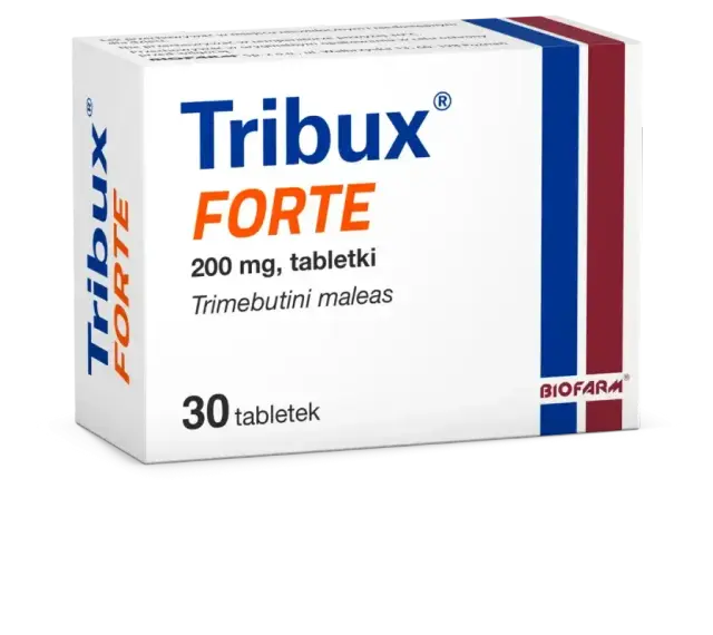 Opakowanie leku Tribux Forte 200 mg, zawierające 30 tabletek z trimebutyny maleinianem. Pomocne w problemach z ircolon.