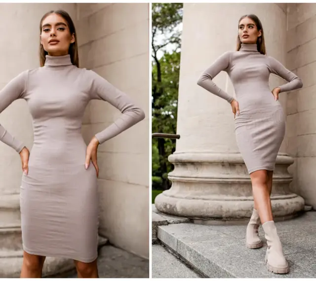 Elegancka sukienka polo damska z golfem, podkreślająca sylwetkę. Modelka prezentuje ją na tle kolumny.