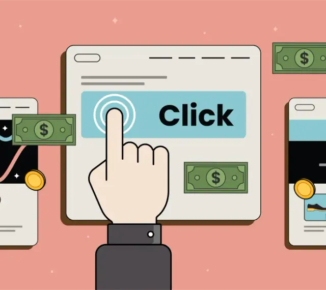 Kliknięcie przycisku "Click" na ekranie symbolizuje, co to jest PPC – płatność za kliknięcie, generującą zyski.