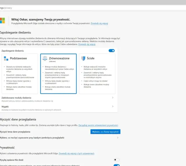 Ustawienia prywatności w przeglądarce Microsoft Edge: blokowanie śledzenia, czyszczenie danych i zarządzanie prywatnością.