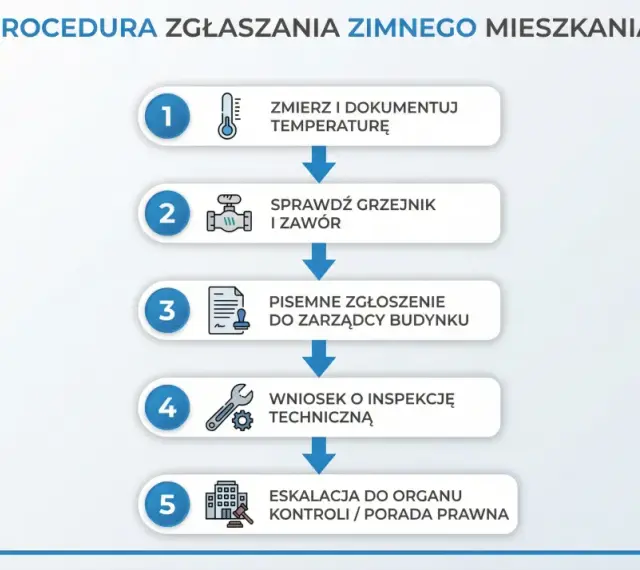 Procedura zgłaszania zimnego mieszkania: zmierz temp., sprawdź grzejnik, zgłoś do zarządcy, wniosek o inspekcję, eskalacja. Prawda o rzekomym wprowadzeniu limitów temperatury w blokach zasilanych z sieci miejskiej.