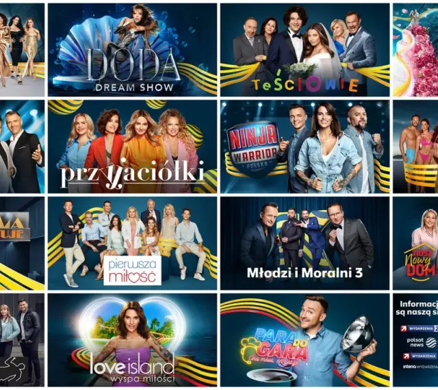 Kolaż programów telewizyjnych, w tym "The Real Housewives", "Doda Dream Show" i "Ninja Warrior Polska", przypominający ofertę kanału Nickelodeon.