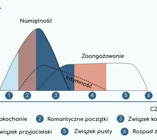 Wykres przedstawia etapy związku: od zauroczenia, przez romantyczne początki, związek kompletny, przyjacielski, pusty, aż po rozpad.